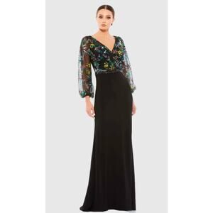 Mac Duggal 79379 Black Floral Embroidered Sheer Sleeve Beaded Gown NWT Women’s 8